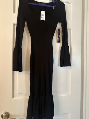 Almost Famous Black Ribbed Bell-Sleeve Midi Dress